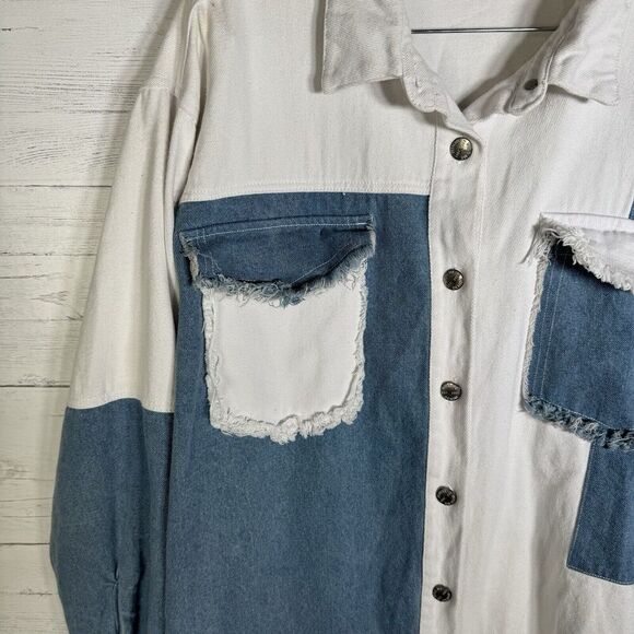Miss Me Oversized Denim Shirt Jacket Blue White Colorblock Chest Pockets - Picture 3 of 5